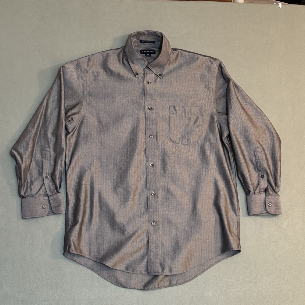 Land's End Grey Herringbone No Iron Twill Long Sleeved Button Up Shirt M 16 32